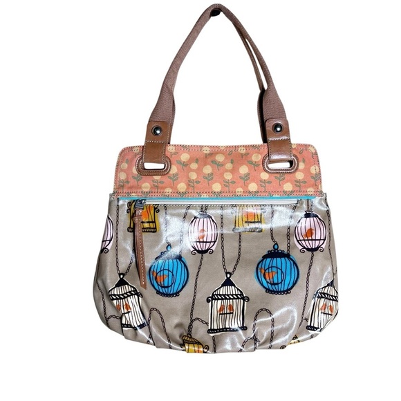 Fossil Key Per Shoulder Tote Bird Cage Coated Canvas Purse Whimsy Novelty - Picture 2 of 10